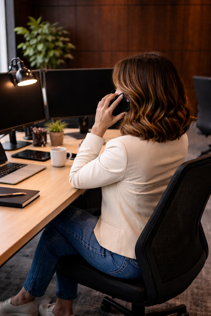 Vrouw werkt achter haar bureau