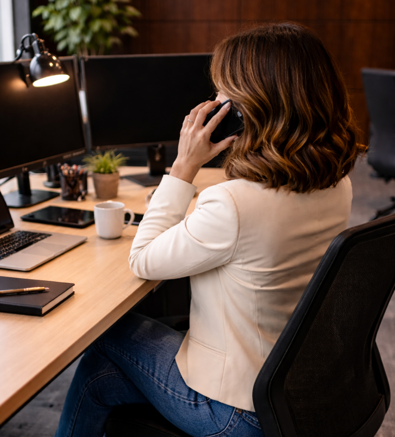 Vrouw werkt achter haar bureau